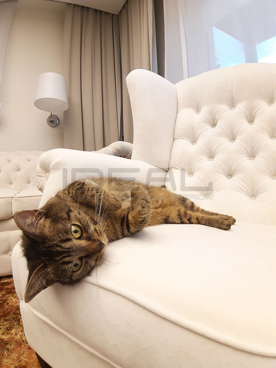 Fotel Chesterfield Uszak Old z podłokietnikami z guziczkiem pośrodku w beżowym pluszu