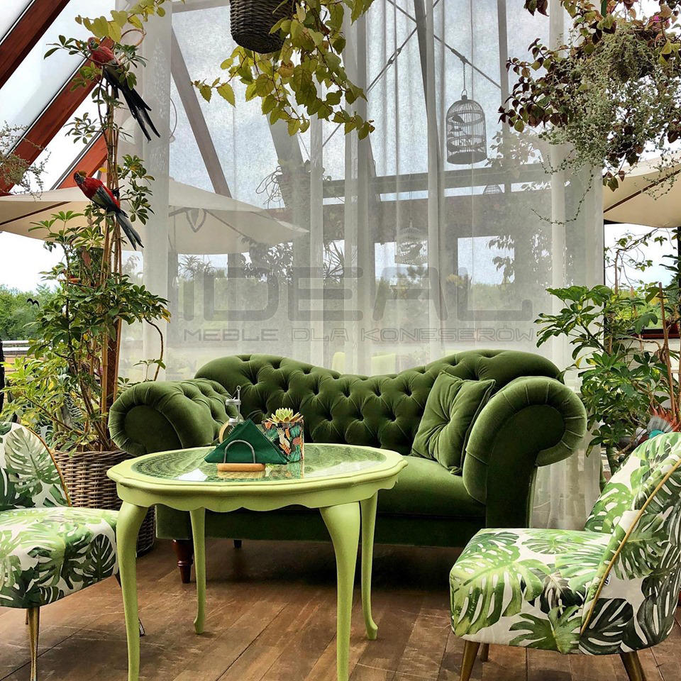 Sofa Chesterfield Madame 3 w zielonym pluszu oparcie fala