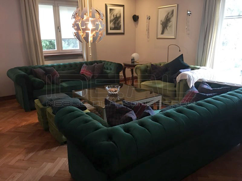 Zestaw Mebli Chesterfield March w ciemnozielonym i jasnozielonym pluszu